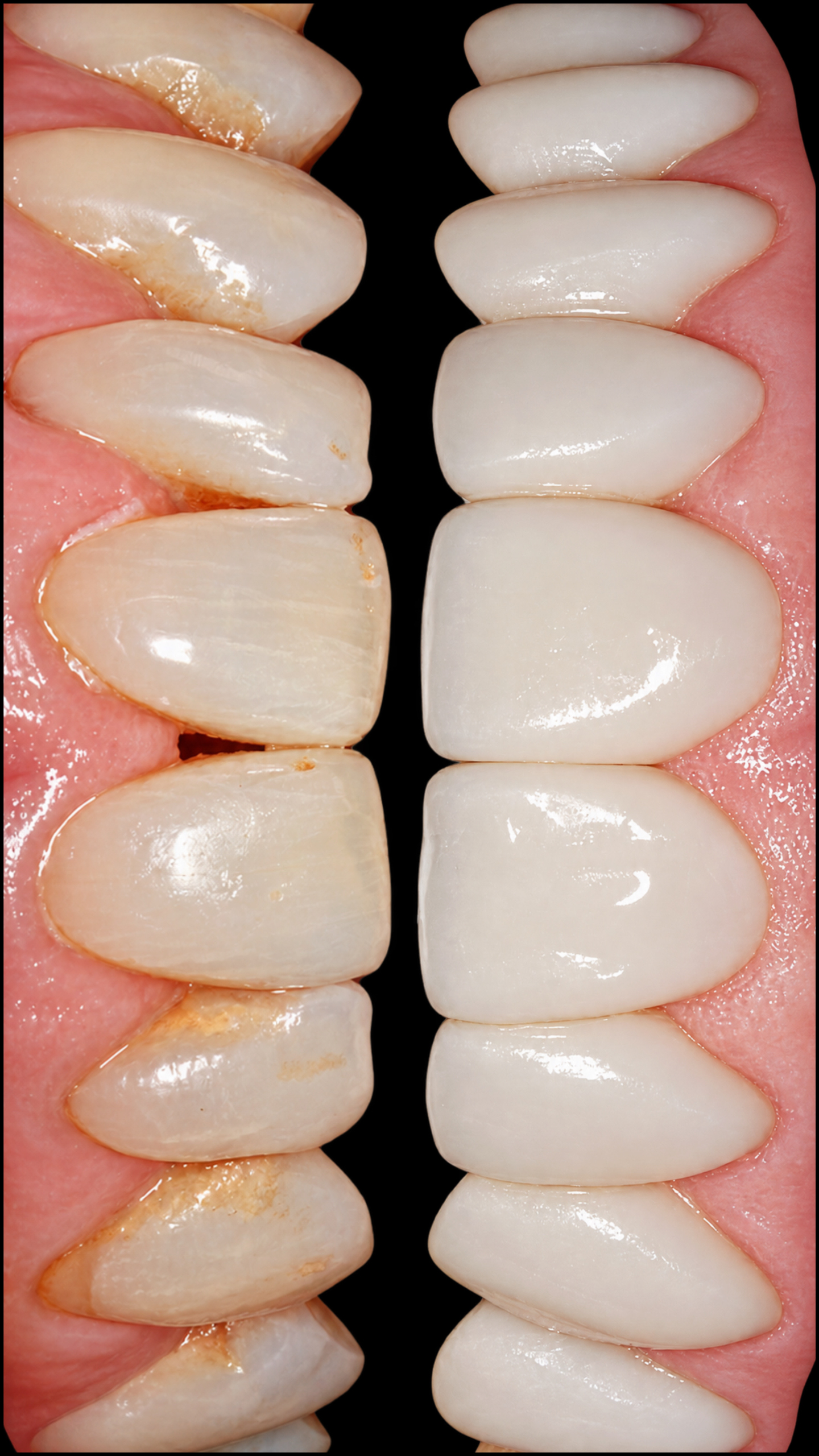 Close-up of natural teeth beside 3D printed ceramic veneers showing natural shading and translucency
